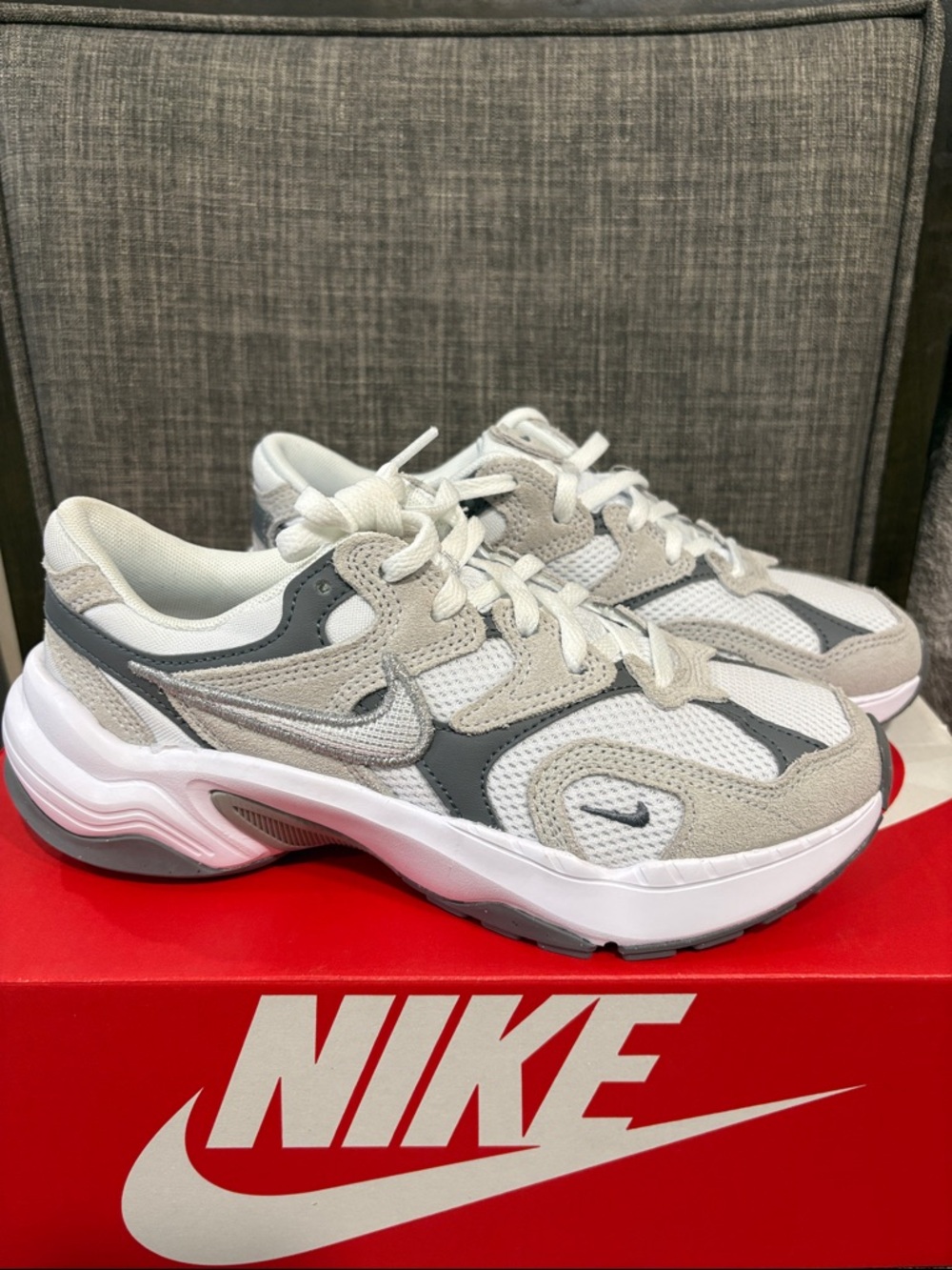 Nike Neutral Tone Chunky Runner Sneakers in White, Light Gray & Dark Gray